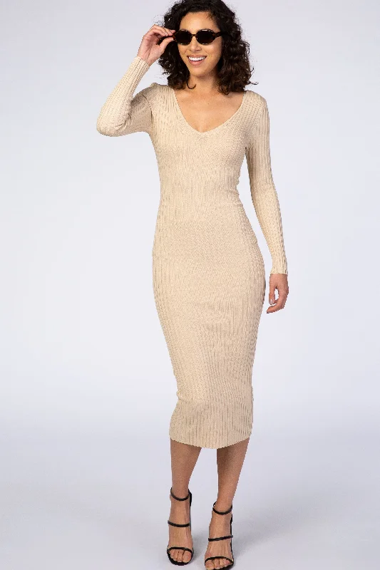 taupe-v-neck-long-sleeve-fitted-maternity-maxi-dress