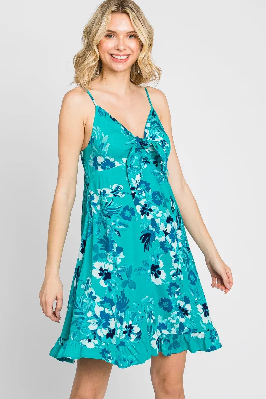 teal-tropical-floral-front-tie-sleeveless-maternity-dress