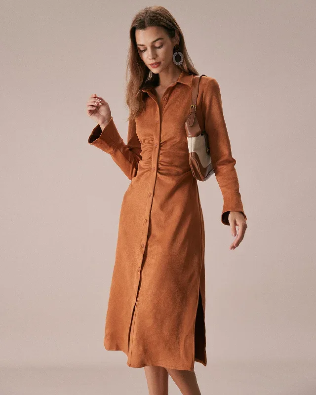 The Brown Lapel Flare Sleeve Suede Midi Dress