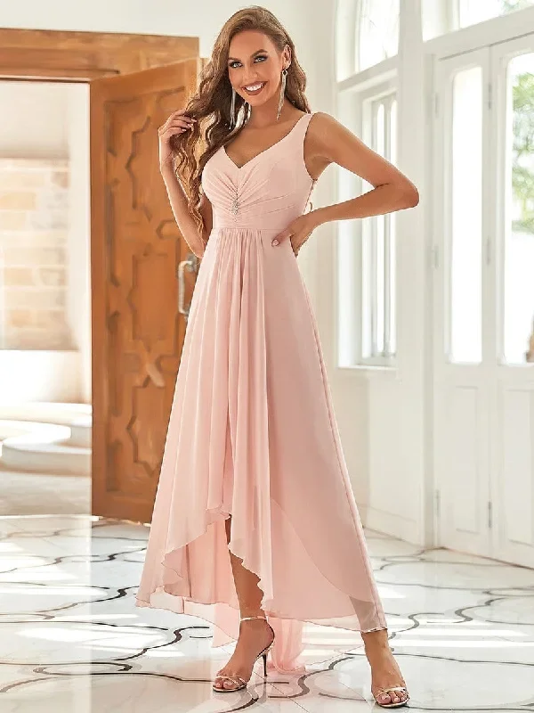 V-Neck High-Low Chiffon Evening Party Dress