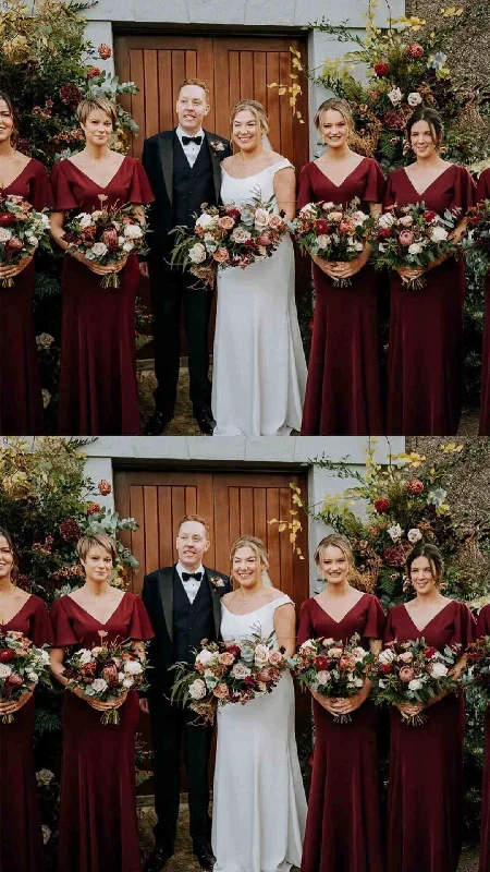 v-neck-mermaid-burgundy-long-bridesmaid-dress