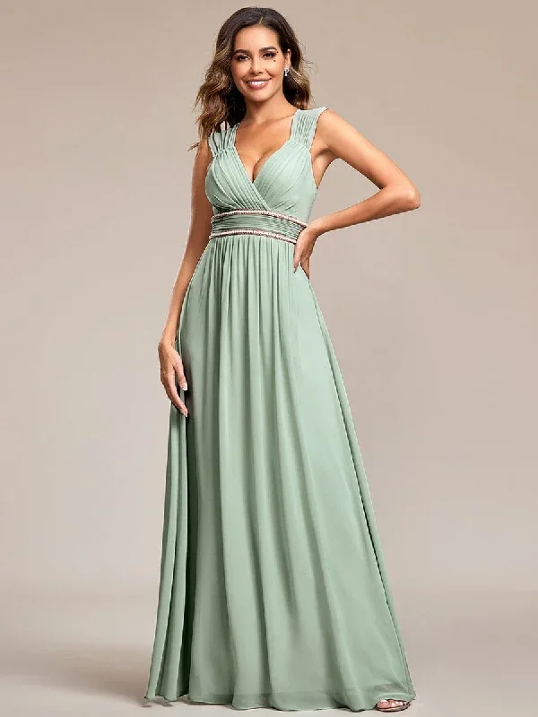 V-Neck Sleeveless Beaded Belt Chiffon A-Line Evening Dress