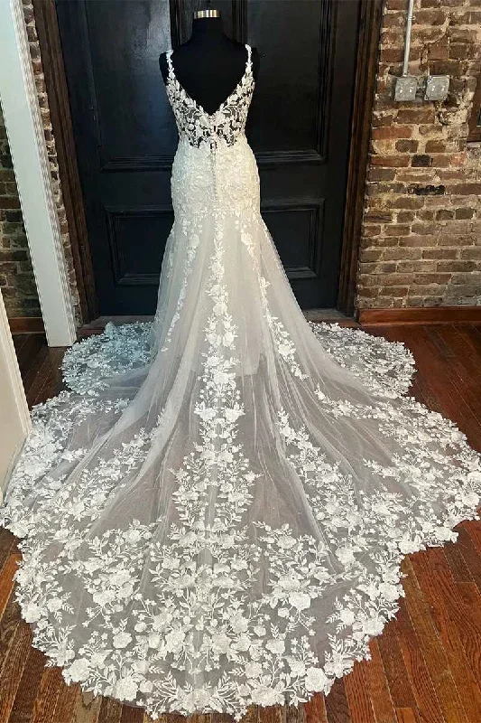 white-floral-lace-v-neck-mermaid-long-wedding-dress