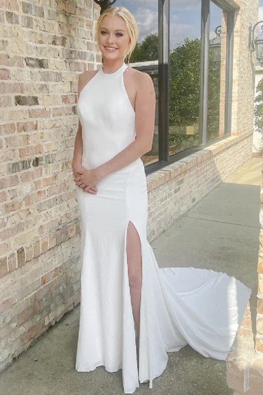 White Halter Mermaid Long Wedding Dress with Slit