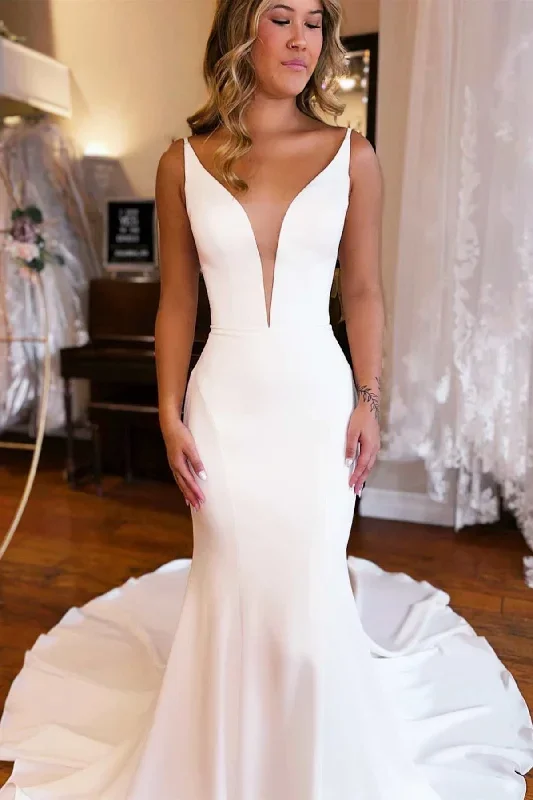 white-plunge-v-backless-mermaid-long-wedding-dress