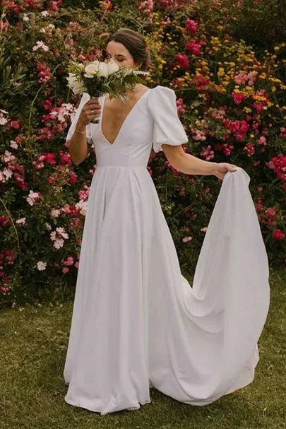 white-puff-sleeve-plunge-neck-long-wedding-dress