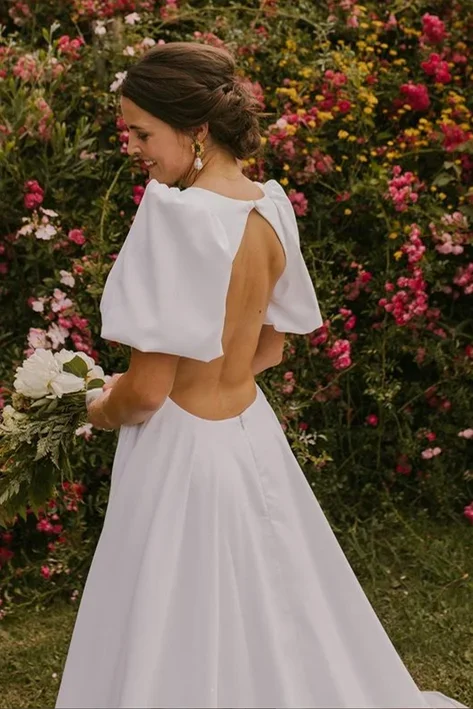 white-puff-sleeve-plunge-neck-long-wedding-dress