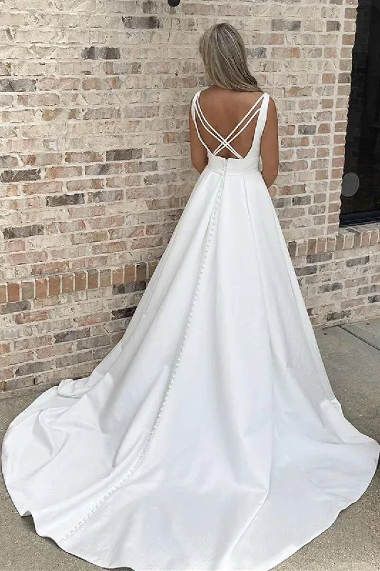 white-v-neck-cross-back-a-line-long-wedding-gown