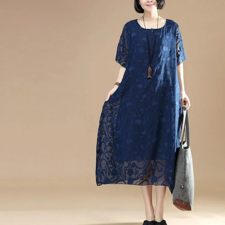 Women Navy Midi Cotton Dresses Plus Size Clothing Cotton Cotton Dress Vintage Jacquard O-Neck Cotton Cotton Dress