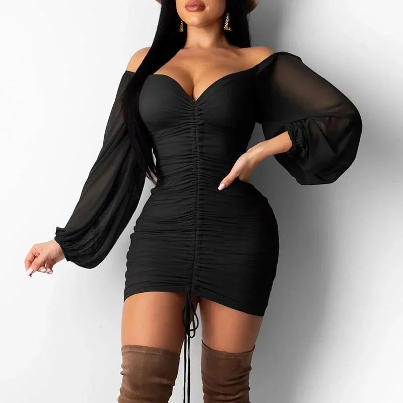 women-off-shoulder-dress-solid-lantern-sleeve-lace-up-bodycon-dress-spring-sexy-party-dresses-transparent-sleeve-ruched-vestidos