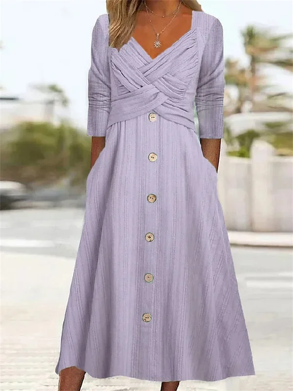 womens-casual-dress-summer-dress-pleated-dress-plain-ruched-button-v-neck-midi-dress-fashion-mature-outdoor-street-half-sleeve-loose-fit-white-purple-green-summer-spring-s-m-l-xl-xxl