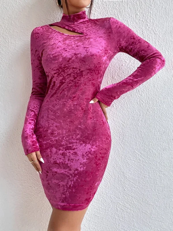 Women's High Neck Fitted Velvet Bodycon Dress With Side Neck Cutout