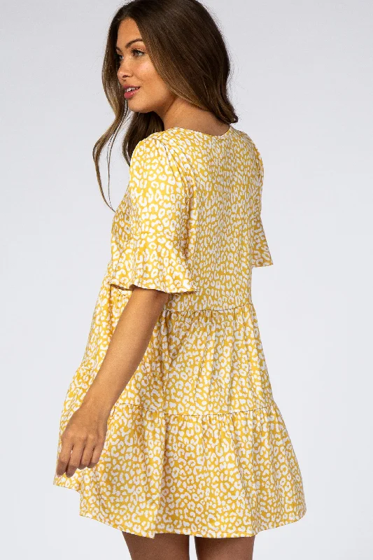 yellow-animal-print-ruffle-sleeve-maternity-dress