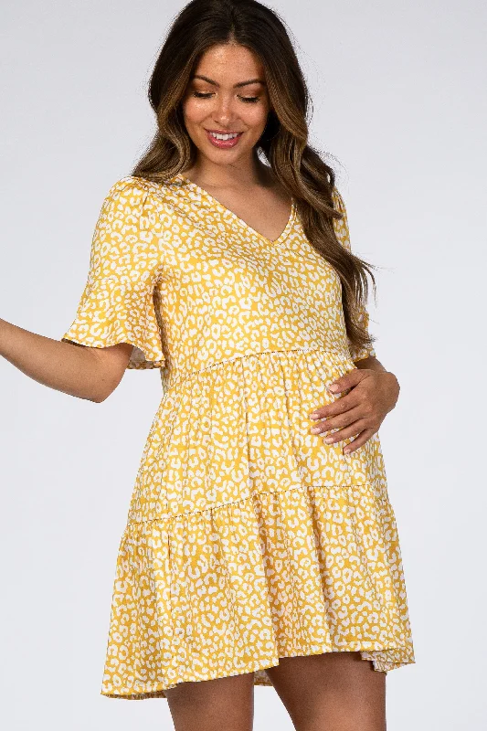 yellow-animal-print-ruffle-sleeve-maternity-dress