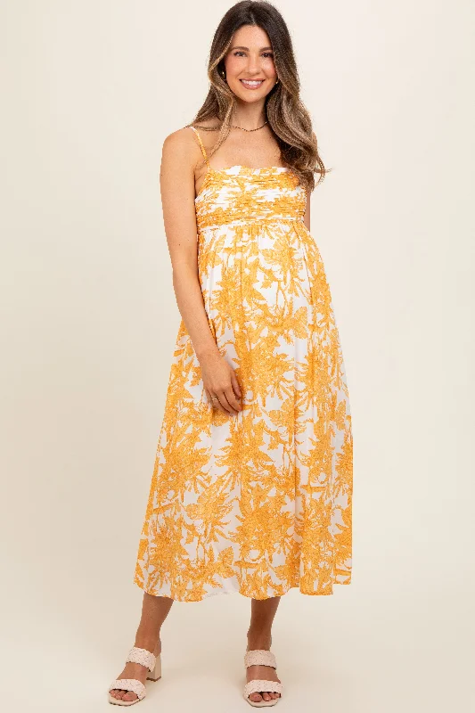 yellow-floral-pleated-front-back-cut-out-maternity-midi-dress