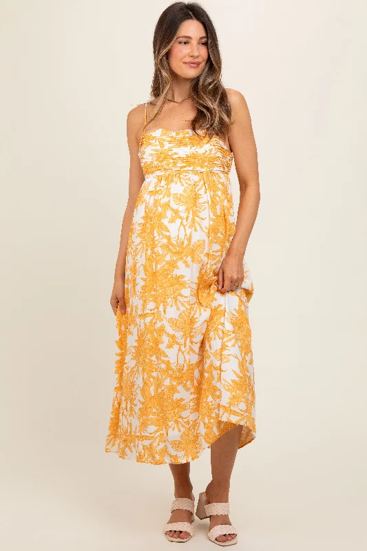 yellow-floral-pleated-front-back-cut-out-maternity-midi-dress