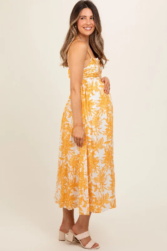 yellow-floral-pleated-front-back-cut-out-maternity-midi-dress