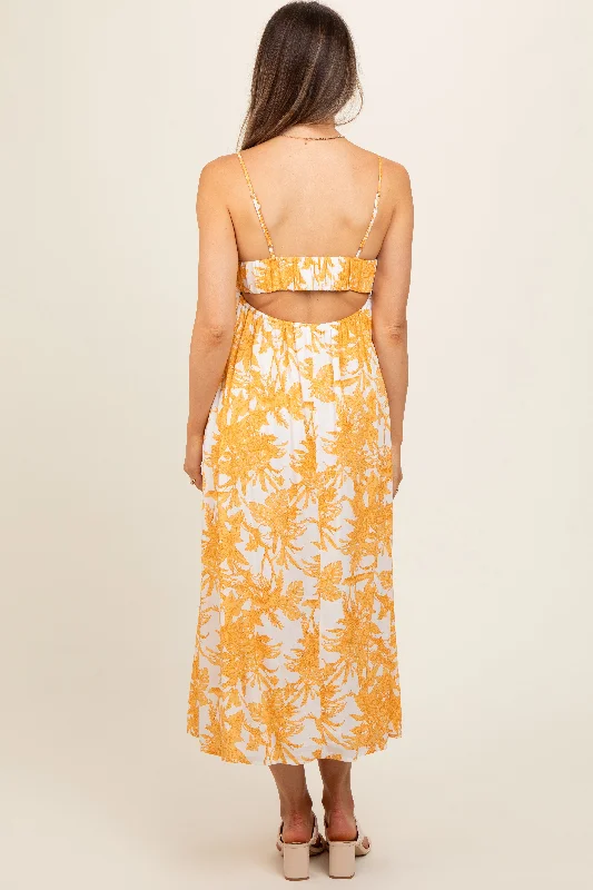 yellow-floral-pleated-front-back-cut-out-maternity-midi-dress