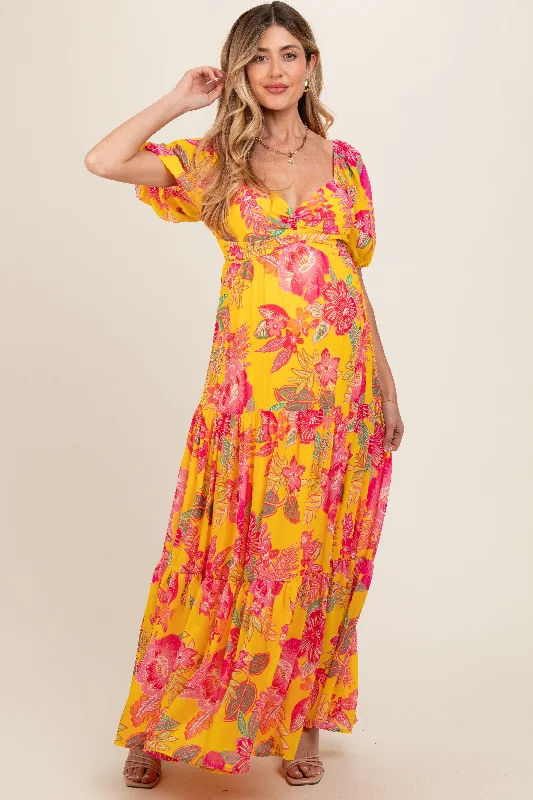 Yellow Floral Sweetheart Neck Tiered Maternity Maxi Dress