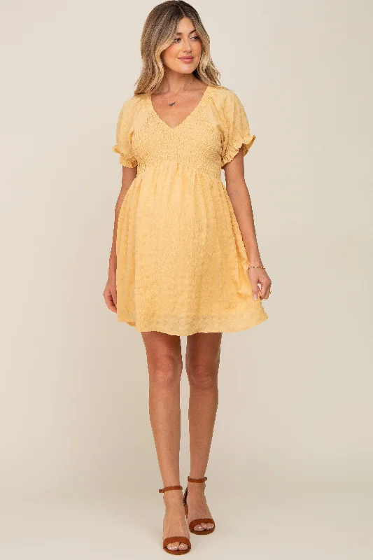 yellow-smocked-textured-v-neck-maternity-dress