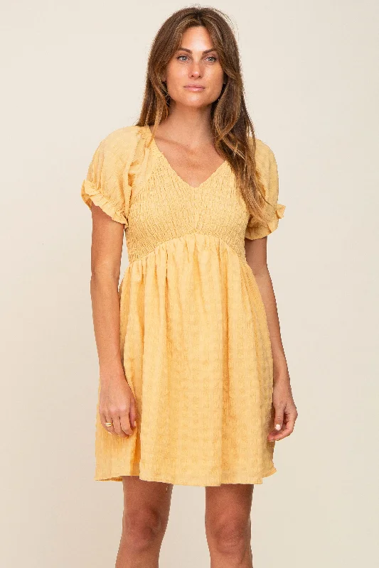 yellow-smocked-textured-v-neck-maternity-dress