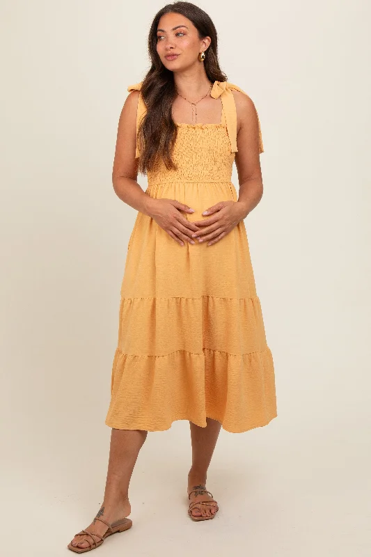 Yellow Smocked Tie Strap Tiered Maternity Midi Dress