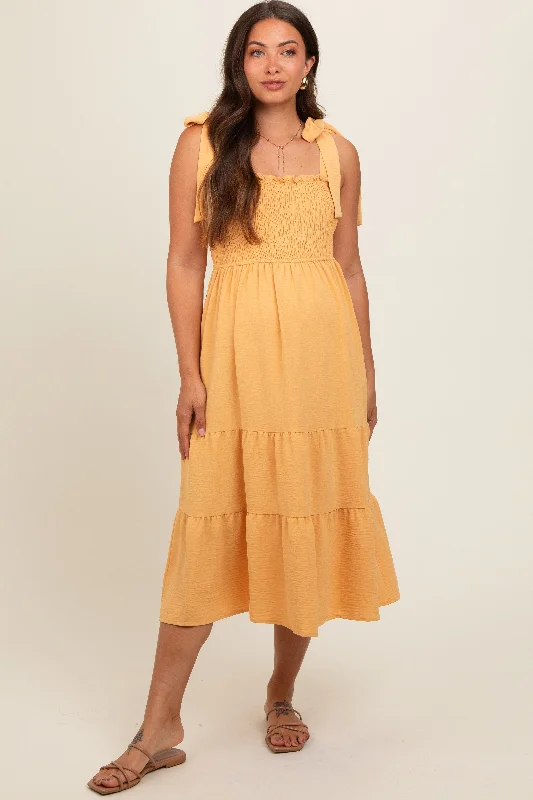 yellow-smocked-tie-strap-tiered-maternity-midi-dress