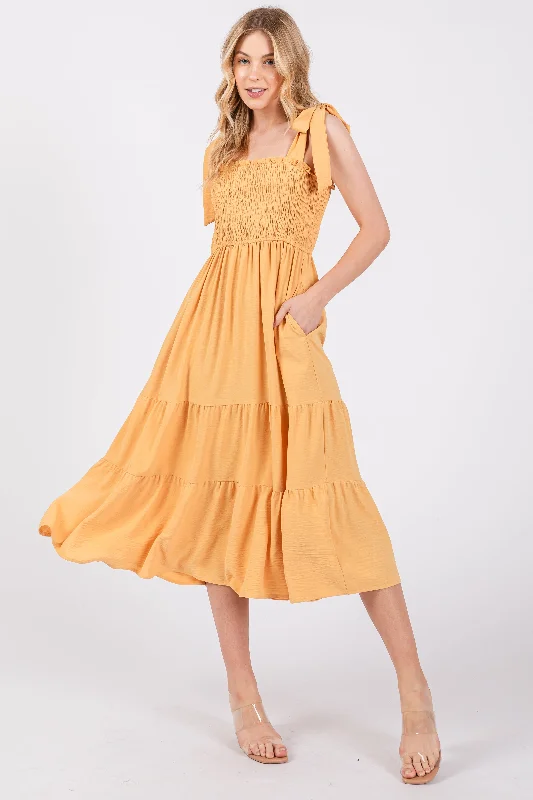 yellow-smocked-tie-strap-tiered-maternity-midi-dress