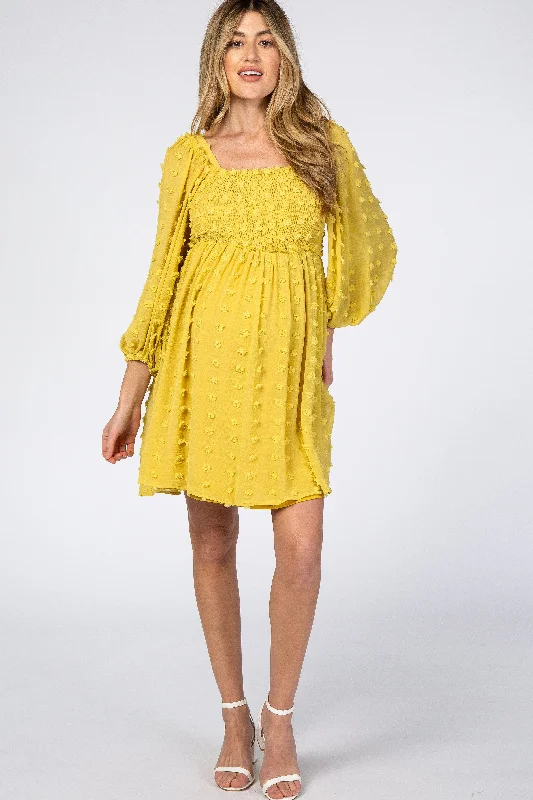 Yellow Textured Dot Smocked Square Neck Chiffon Maternity Dress