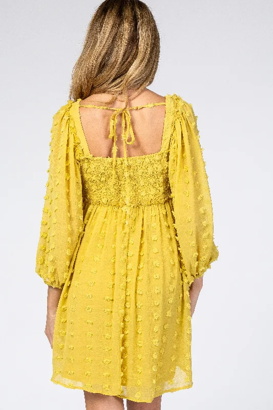 yellow-textured-dot-smocked-square-neck-chiffon-maternity-dress