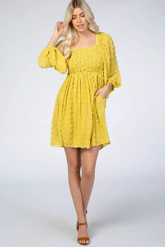 yellow-textured-dot-smocked-square-neck-chiffon-maternity-dress