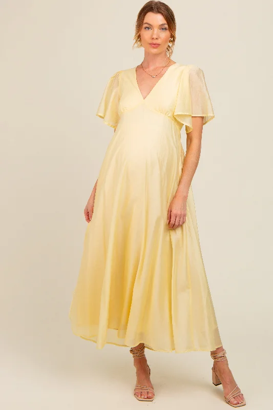 yellow-v-neck-flutter-sleeve-maternity-maxi-dress