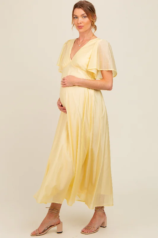 yellow-v-neck-flutter-sleeve-maternity-maxi-dress